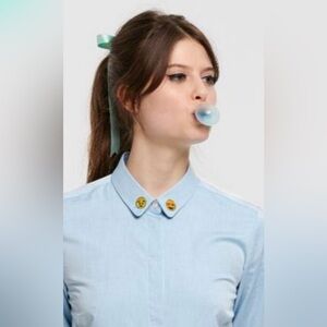 EUC Maison Labiche Light Blue Button Down Shirt with Emoji Collar